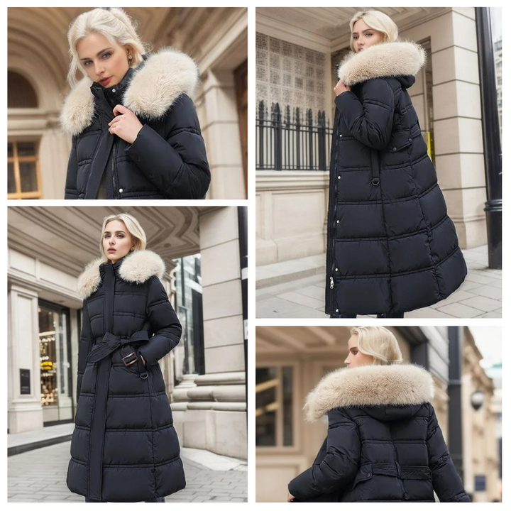 Lune London | Long Winter Jacket Puffer Design Faux Fur Hood Tailored Belt Warm and Insulating
