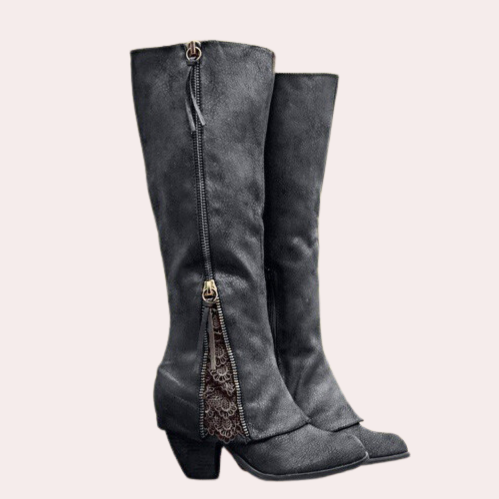 Lune London | Knee-length boots - Faux suede - Block heel - Round toe - Zipper & Lace-up details