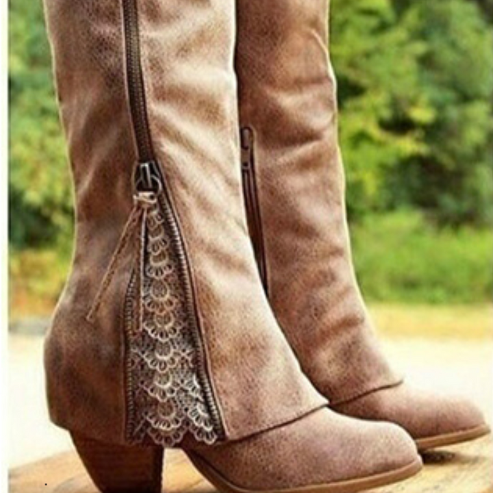 Lune London | Knee-length boots - Faux suede - Block heel - Round toe - Zipper & Lace-up details