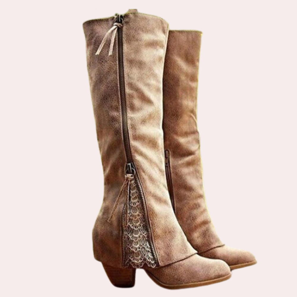 Lune London | Knee-length boots - Faux suede - Block heel - Round toe - Zipper & Lace-up details