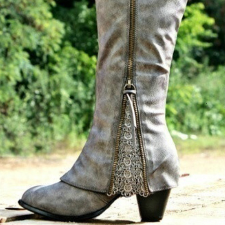 Lune London | Knee-length boots - Faux suede - Block heel - Round toe - Zipper & Lace-up details