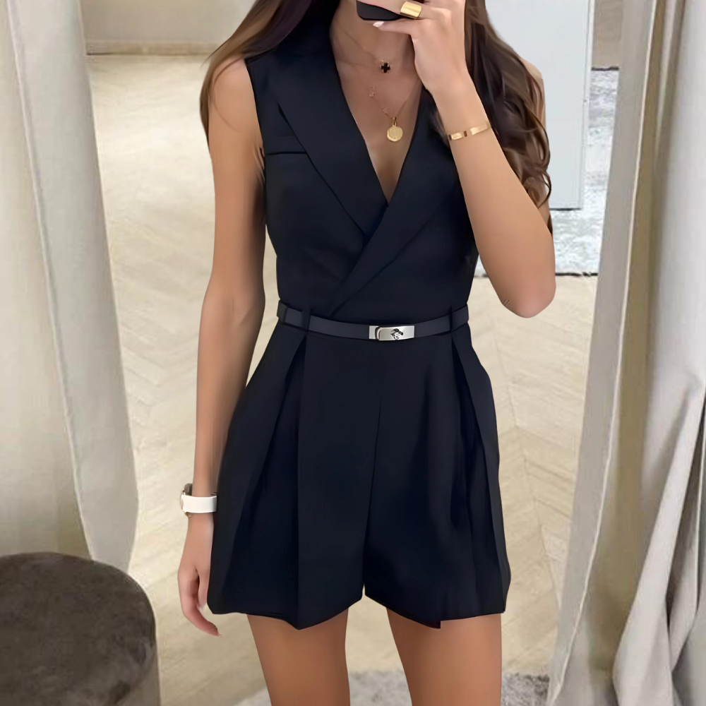 Lune London | Sleeveless Jumpsuit Wrap V-Neck Tailored Belt Pleated Shorts Tailored Fit