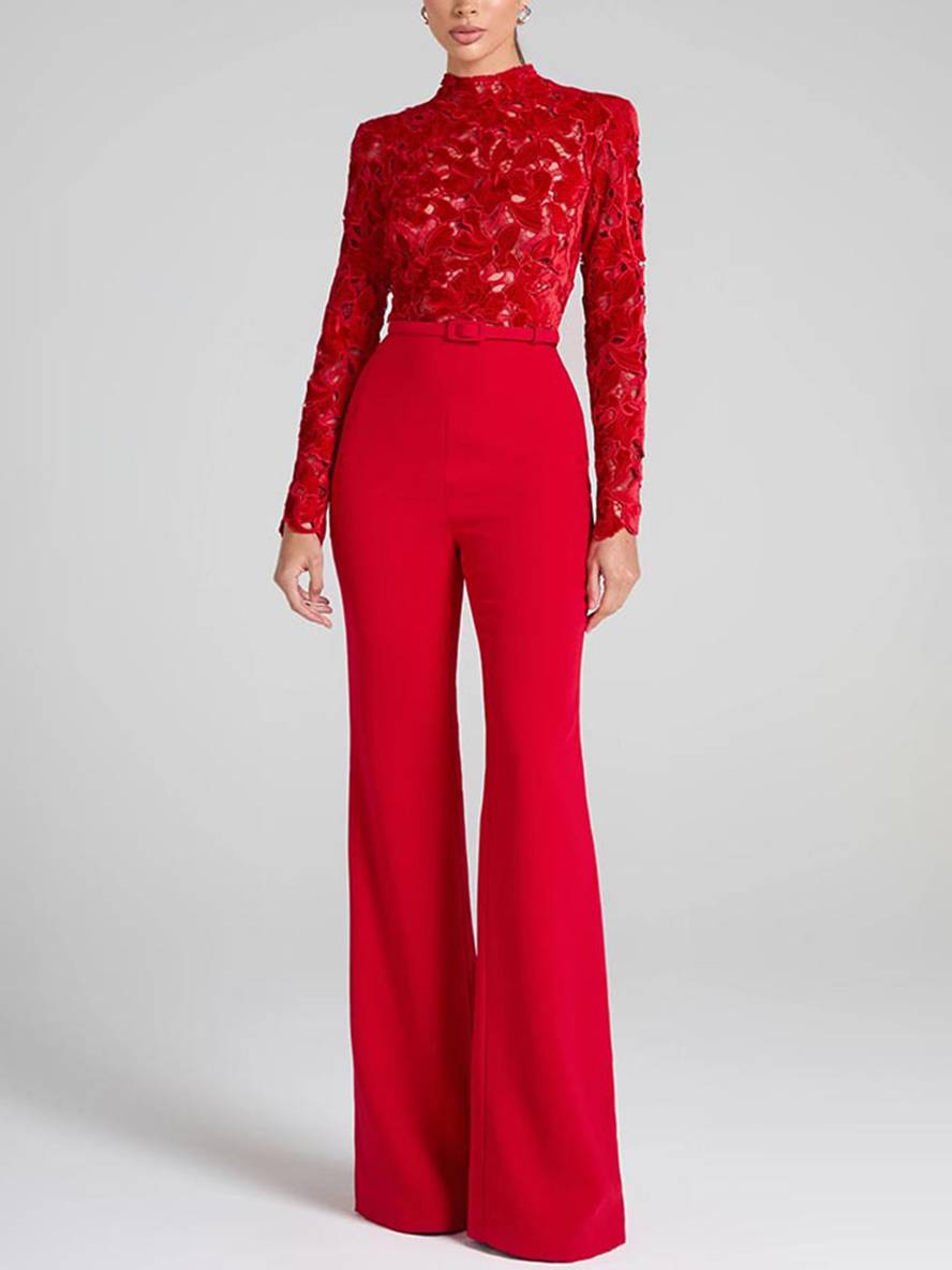 Lune London | Flared Jumpsuits English Embroidery Round Neck Long Sleeves Belt Women Elegant Casual Slim Fitness
