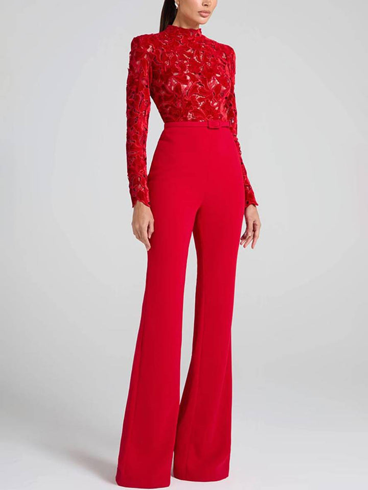 Lune London | Flared Jumpsuits English Embroidery Round Neck Long Sleeves Belt Women Elegant Casual Slim Fitness