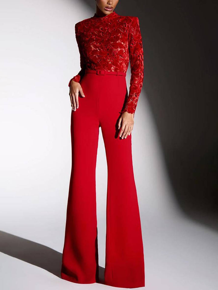 Lune London | Flared Jumpsuits English Embroidery Round Neck Long Sleeves Belt Women Elegant Casual Slim Fitness