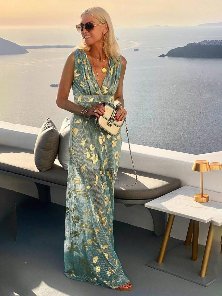 Lune London | Long Dress Bronze Glossy Sequins V-Neck Sleeveless Elegant Women's Evening Dress Beach
