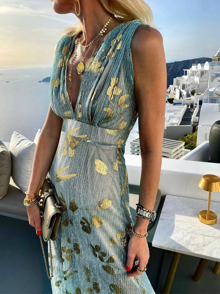 Lune London | Long Dress Bronze Glossy Sequins V-Neck Sleeveless Elegant Women's Evening Dress Beach