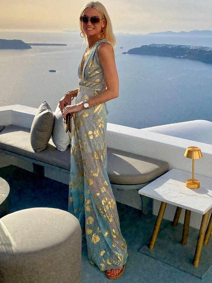 Lune London | Long Dress Bronze Glossy Sequins V-Neck Sleeveless Elegant Women's Evening Dress Beach