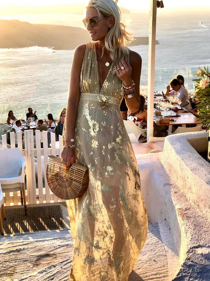Lune London | Long Dress Bronze Glossy Sequins V-Neck Sleeveless Elegant Women's Evening Dress Beach