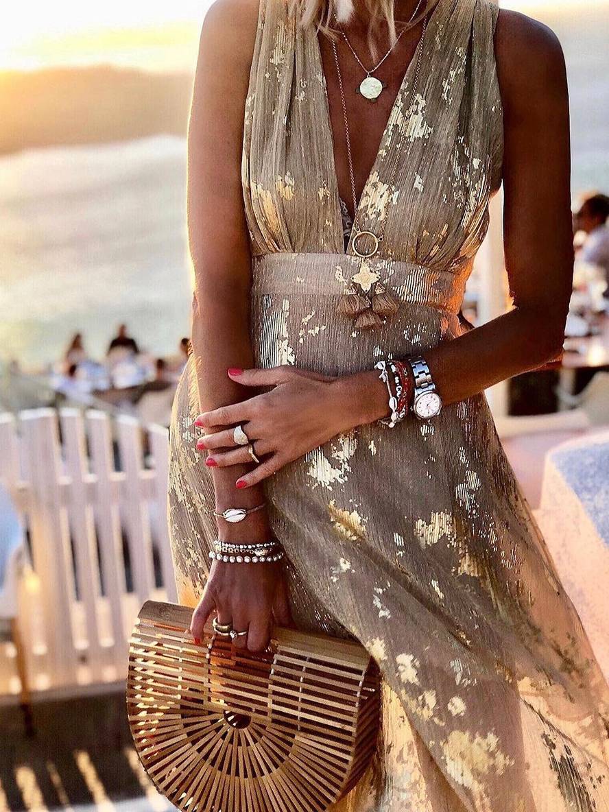 Lune London | Long Dress Bronze Glossy Sequins V-Neck Sleeveless Elegant Women's Evening Dress Beach
