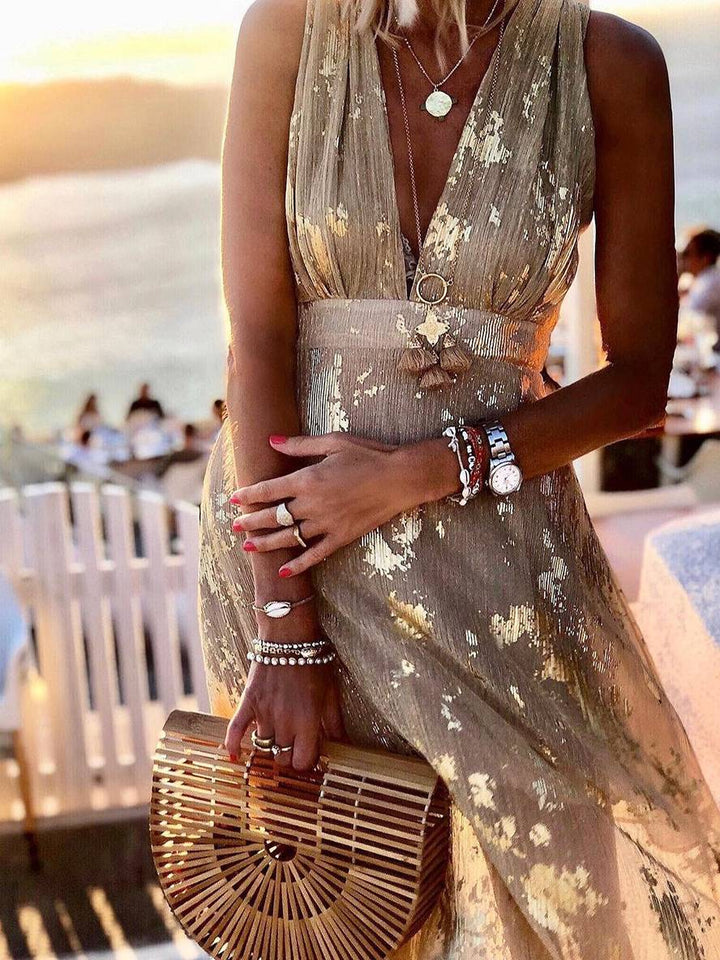 Lune London | Long Dress Bronze Glossy Sequins V-Neck Sleeveless Elegant Women's Evening Dress Beach