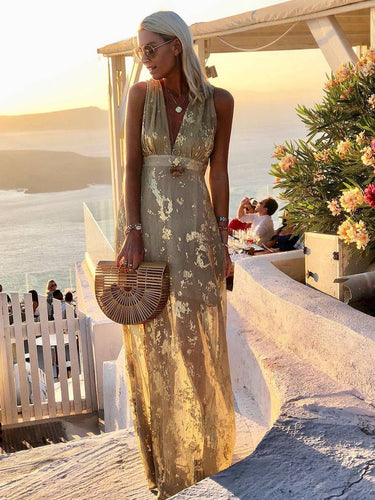 Lune London | Long Dress Bronze Glossy Sequins V-Neck Sleeveless Elegant Women's Evening Dress Beach