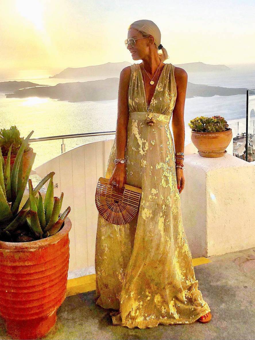 Lune London | Long Dress Bronze Glossy Sequins V-Neck Sleeveless Elegant Women's Evening Dress Beach