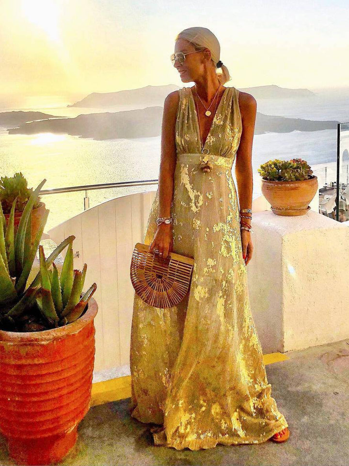 Lune London | Long Dress Bronze Glossy Sequins V-Neck Sleeveless Elegant Women's Evening Dress Beach
