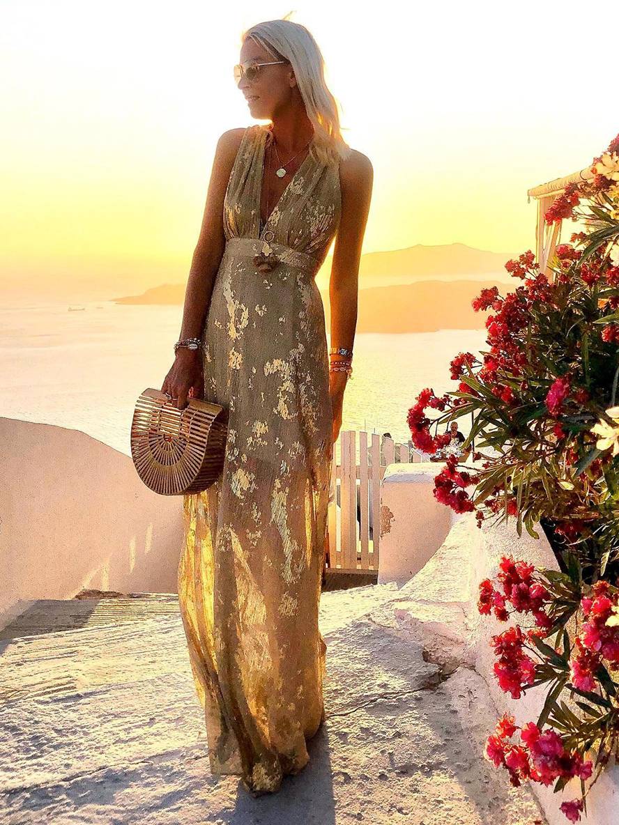Lune London | Long Dress Bronze Glossy Sequins V-Neck Sleeveless Elegant Women's Evening Dress Beach