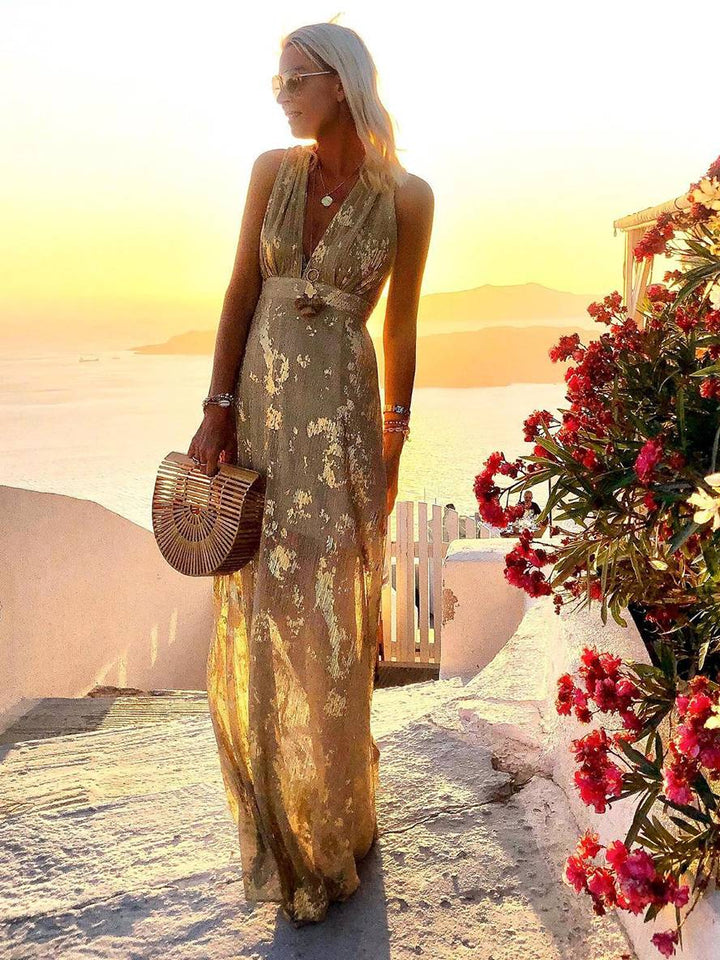 Lune London | Long Dress Bronze Glossy Sequins V-Neck Sleeveless Elegant Women's Evening Dress Beach