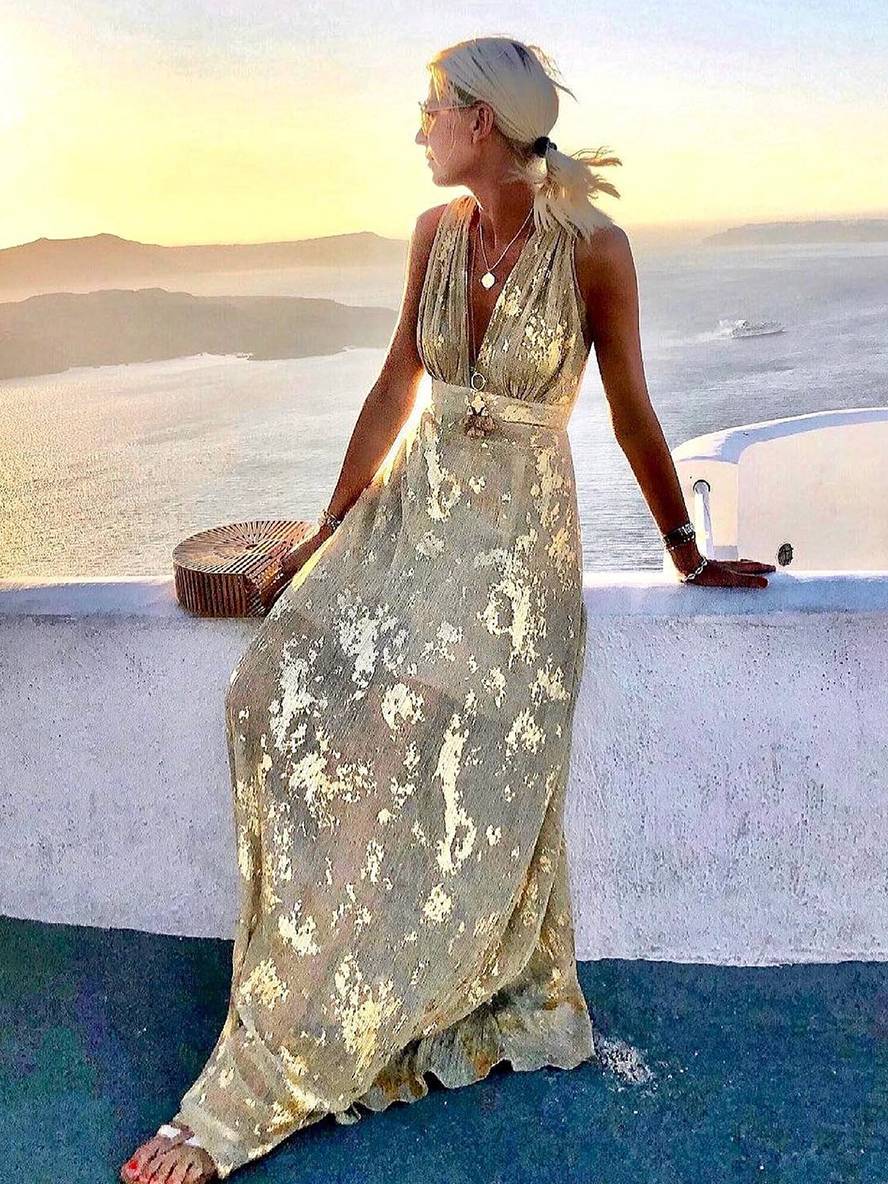 Lune London | Long Dress Bronze Glossy Sequins V-Neck Sleeveless Elegant Women's Evening Dress Beach