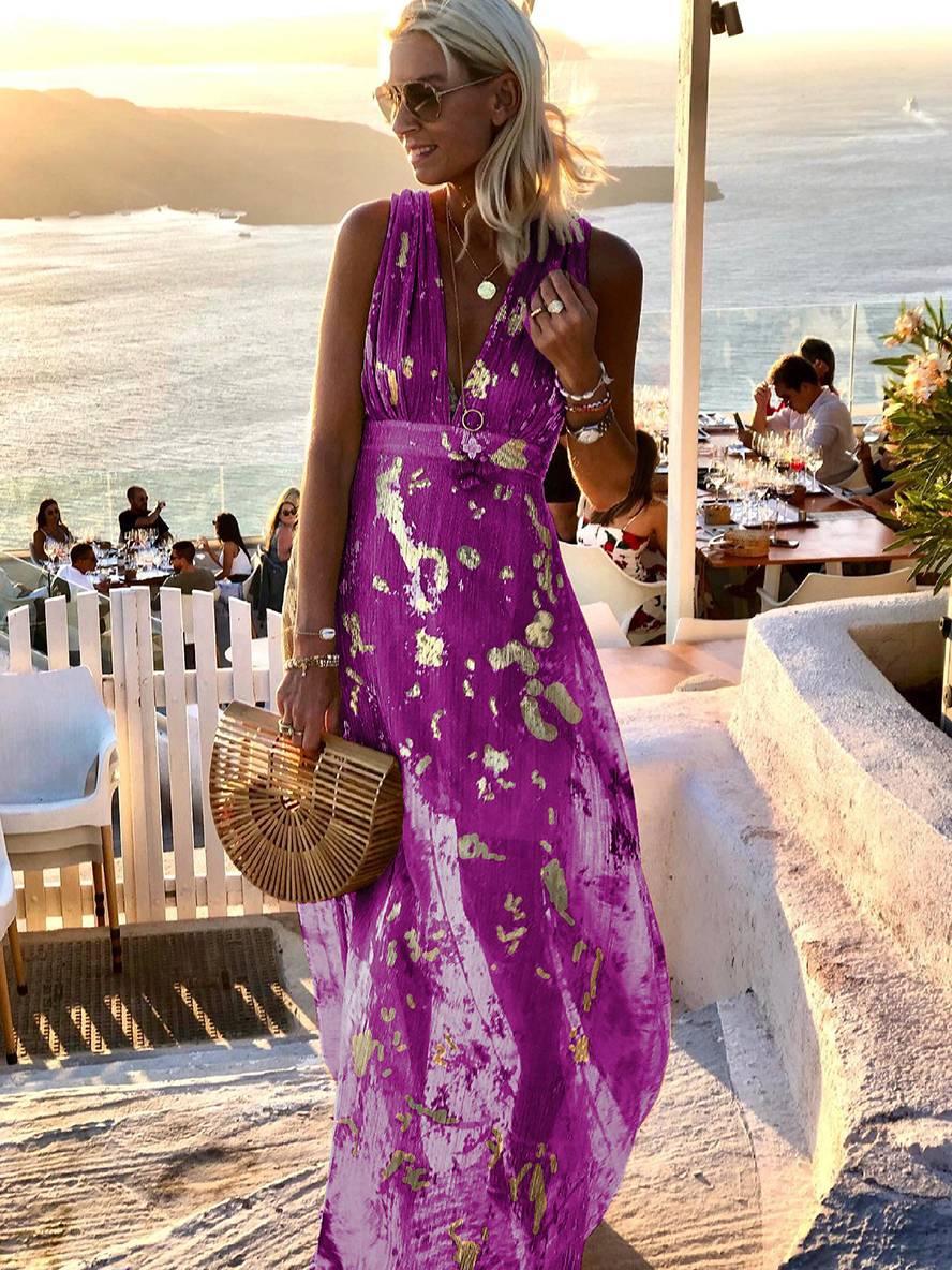 Lune London | Long Dress Bronze Glossy Sequins V-Neck Sleeveless Elegant Women's Evening Dress Beach