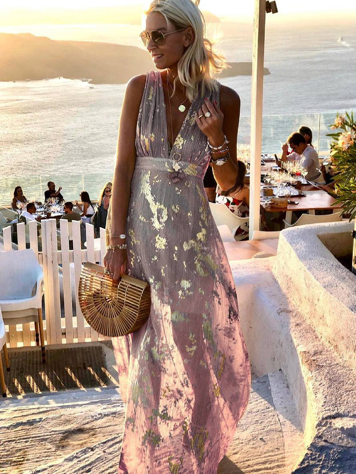 Lune London | Long Dress Bronze Glossy Sequins V-Neck Sleeveless Elegant Women's Evening Dress Beach