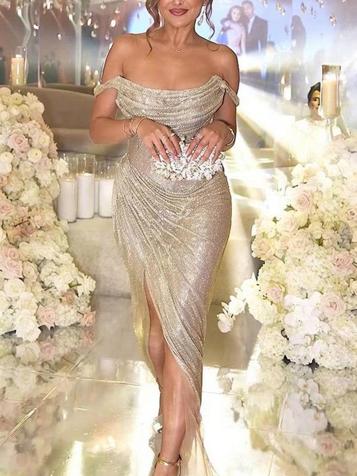 Lune London | Long Dress Shiny Sequins Boot Cut Irregular Slit Side Sleeveless Elegant Evening for Wedding