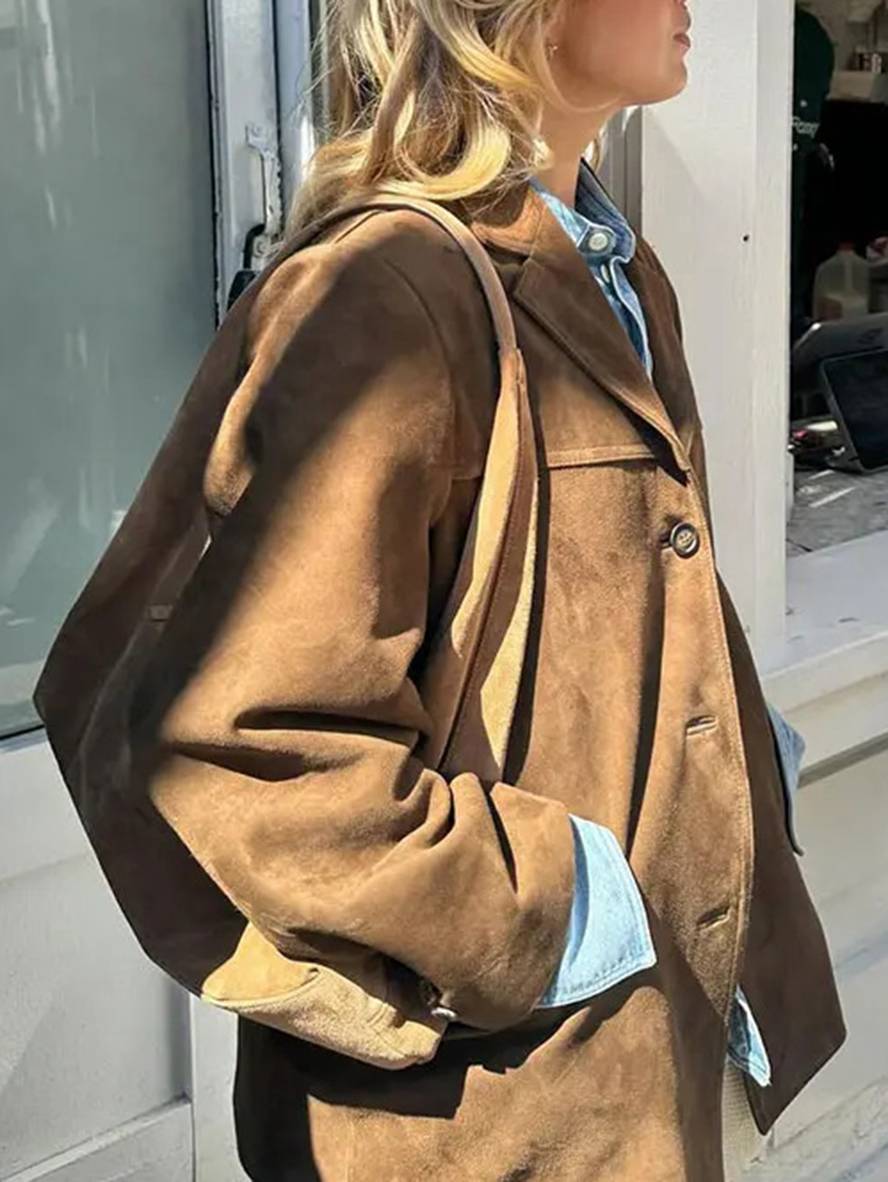 Lune London | Blazer Suede Button Pockets Long Sleeves Women Elegant Vintage Casual Suede Jacket