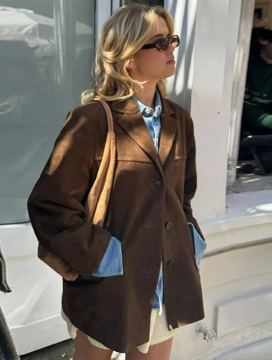 Lune London | Blazer Suede Button Pockets Long Sleeves Women Elegant Vintage Casual Suede Jacket
