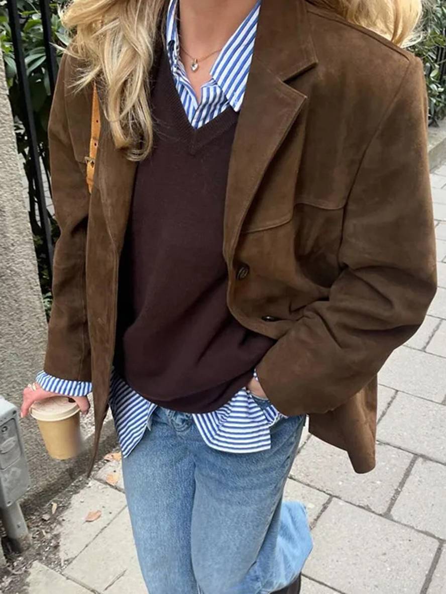 Lune London | Blazer Suede Button Pockets Long Sleeves Women Elegant Vintage Casual Suede Jacket