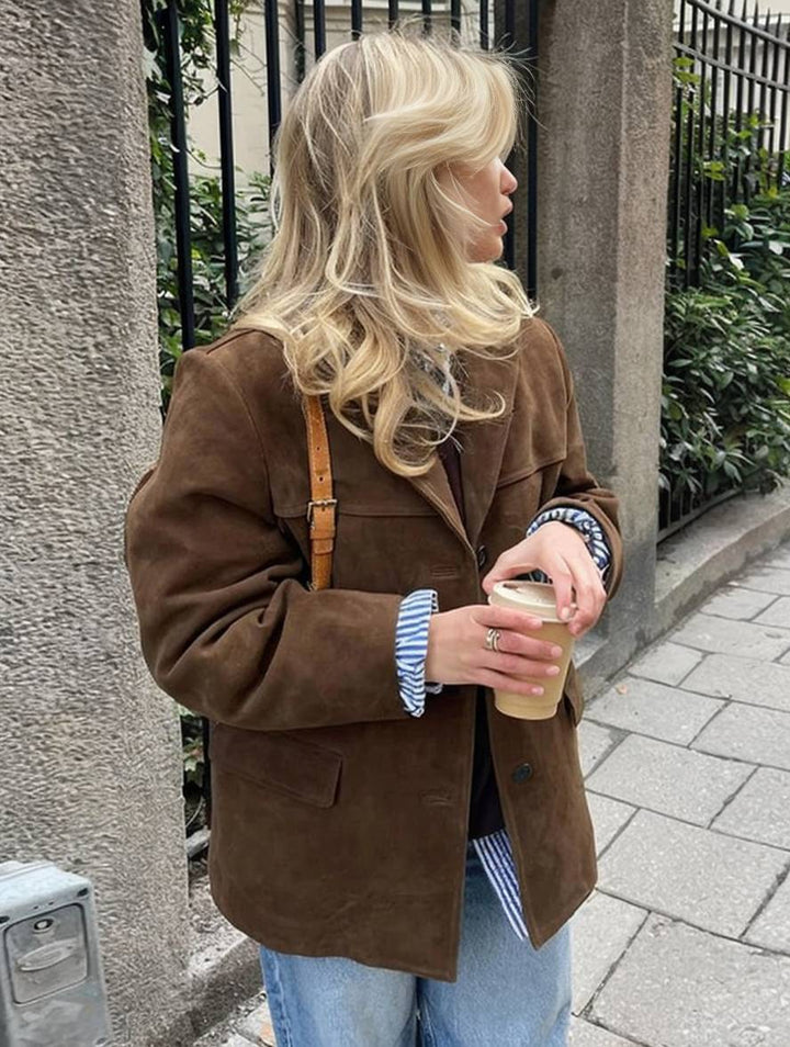 Lune London | Blazer Suede Button Pockets Long Sleeves Women Elegant Vintage Casual Suede Jacket