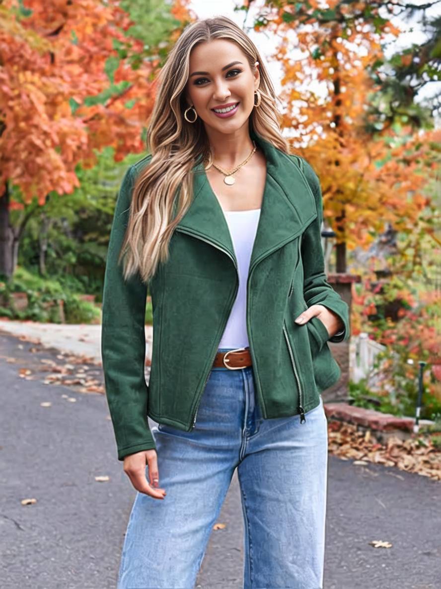 Lune London | Perfect Suede Jacket Made of Suedine with Zipper Pockets Notch Collar Long Sleeves Women Casual Fashion