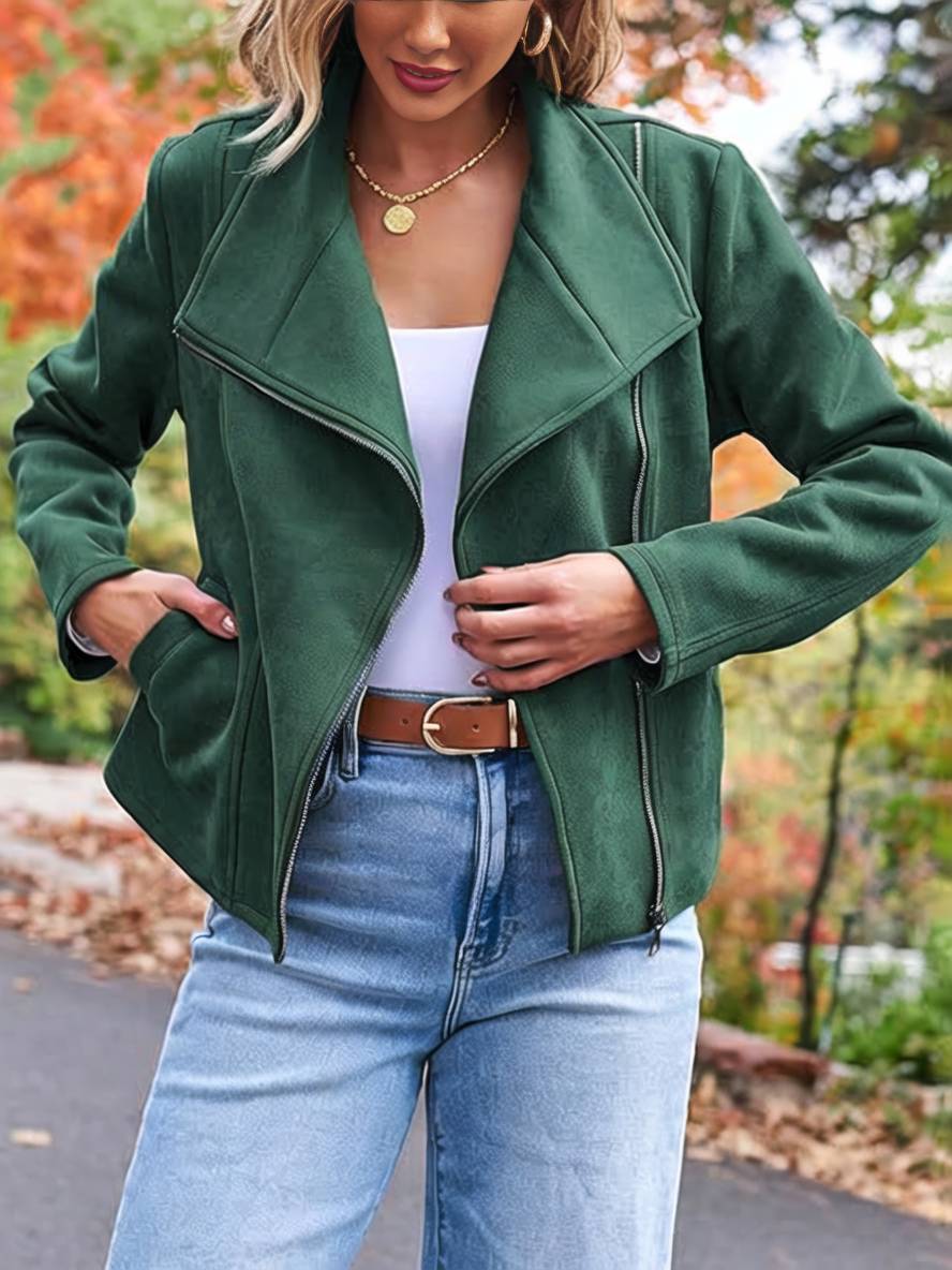 Lune London | Perfect Suede Jacket Made of Suedine with Zipper Pockets Notch Collar Long Sleeves Women Casual Fashion