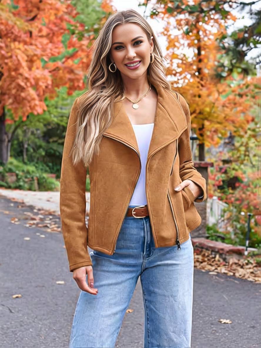 Lune London | Perfect Suede Jacket Made of Suedine with Zipper Pockets Notch Collar Long Sleeves Women Casual Fashion