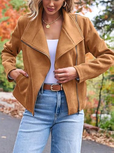 Lune London | Perfect Suede Jacket Made of Suedine with Zipper Pockets Notch Collar Long Sleeves Women Casual Fashion