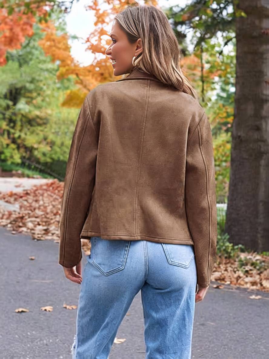 Lune London | Perfect Suede Jacket Made of Suedine with Zipper Pockets Notch Collar Long Sleeves Women Casual Fashion