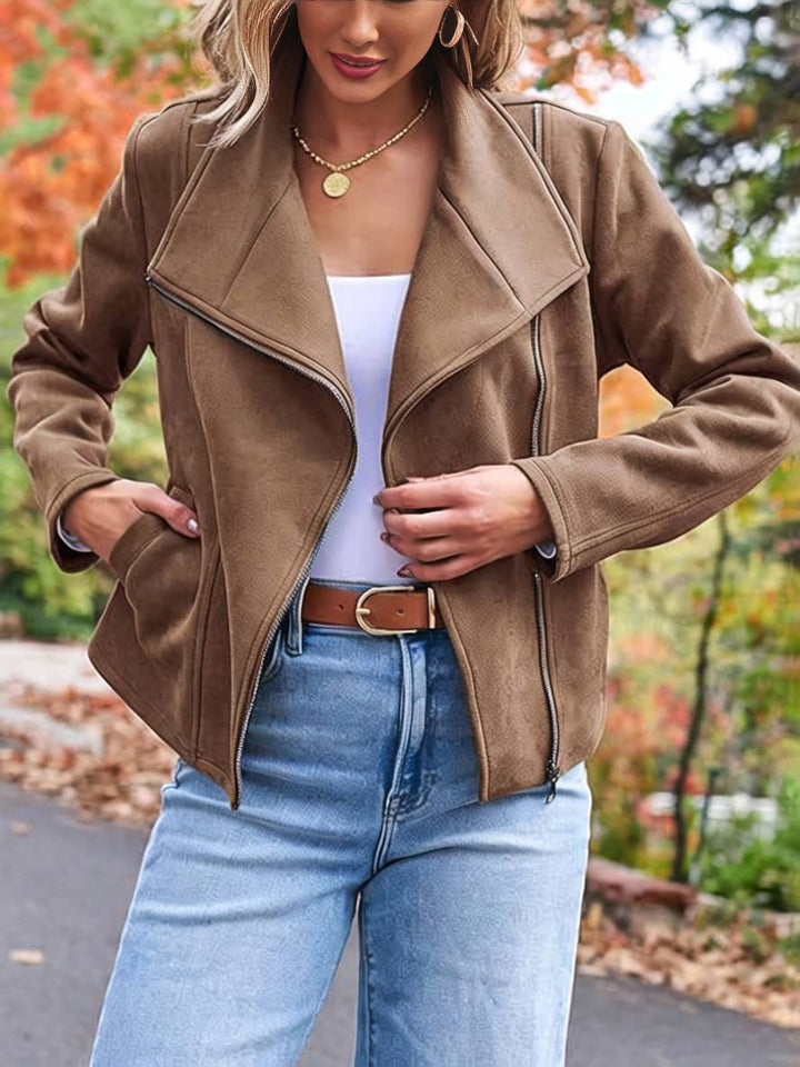 Lune London | Perfect Suede Jacket Made of Suedine with Zipper Pockets Notch Collar Long Sleeves Women Casual Fashion