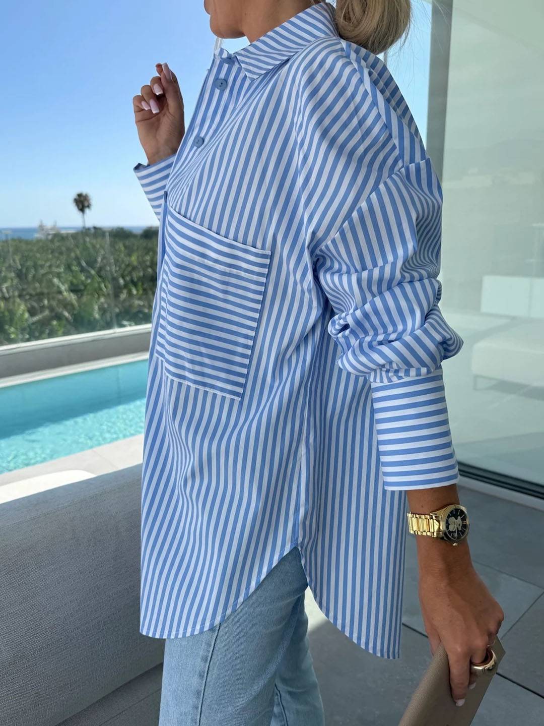Lune London | Striped Blouse Button-Up Shirt Collar Long Sleeves Women Elegant Tailored Casual Plus Size