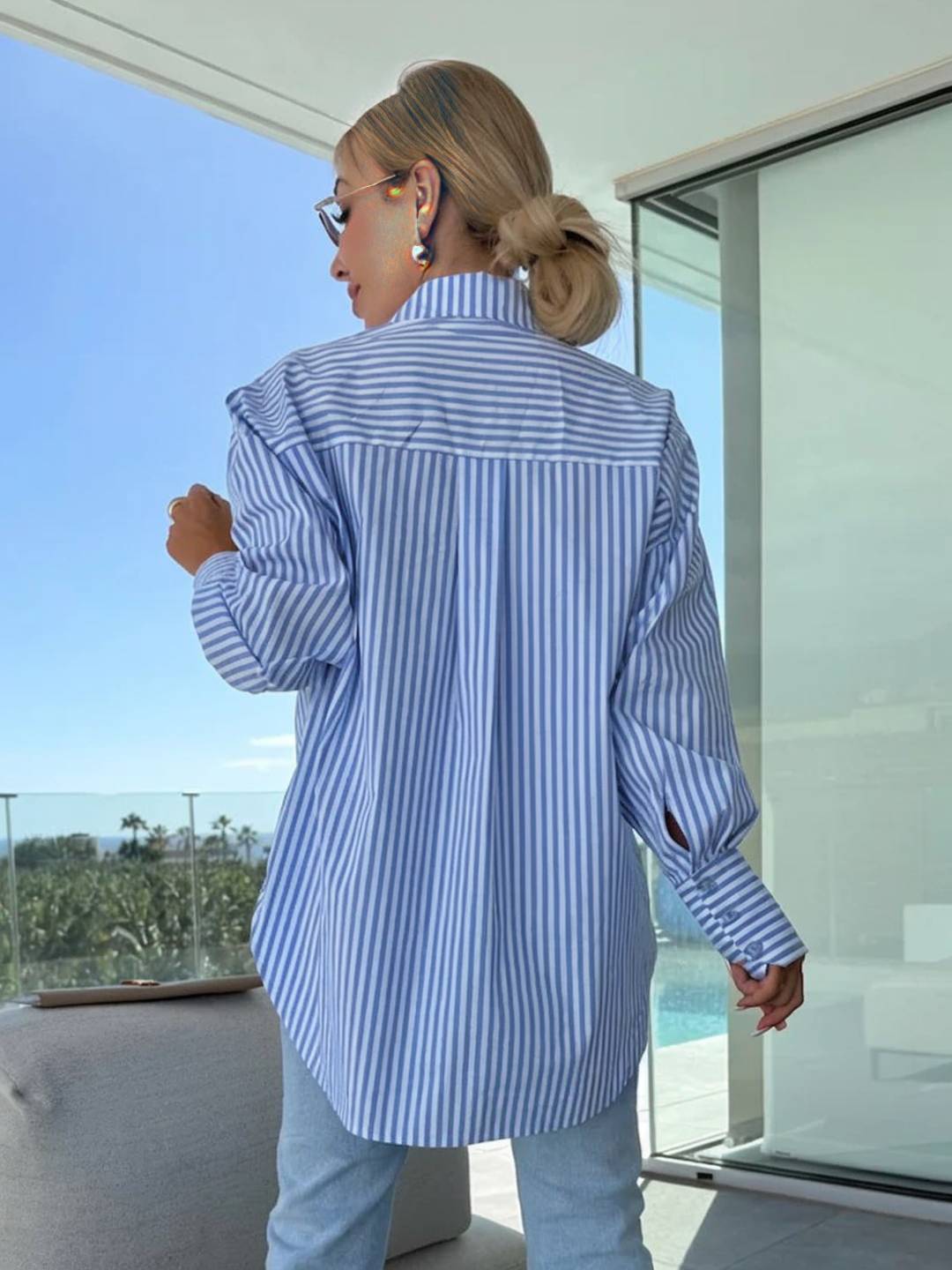 Lune London | Striped Blouse Button-Up Shirt Collar Long Sleeves Women Elegant Tailored Casual Plus Size