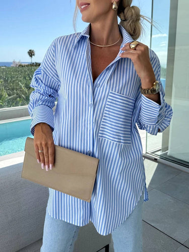 Lune London | Striped Blouse Button-Up Shirt Collar Long Sleeves Women Elegant Tailored Casual Plus Size
