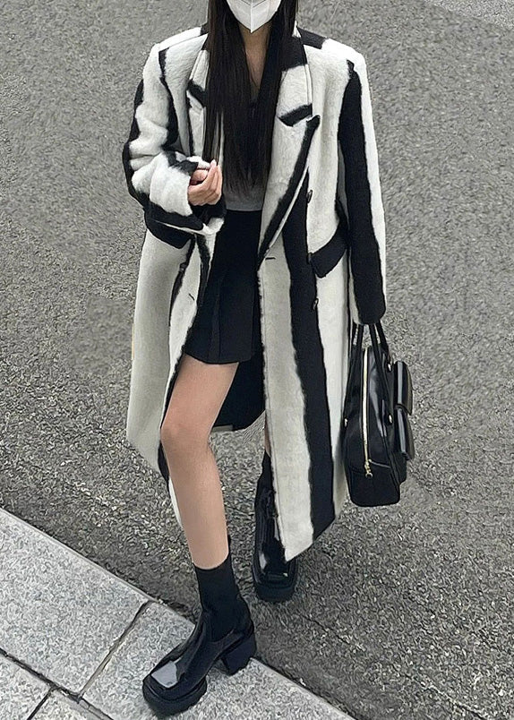 Lune London | Black White Striped Cutout Button Wool Maxi Coats Winter