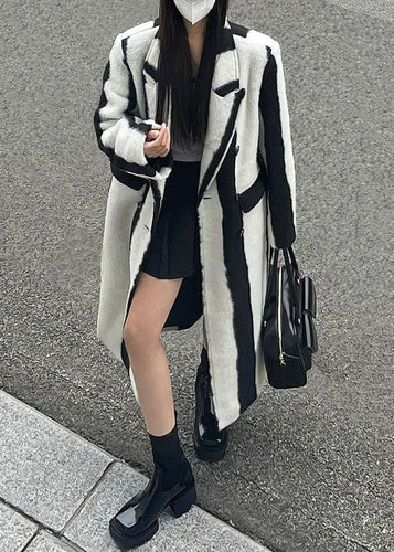 Lune London | Black White Striped Cutout Button Wool Maxi Coats Winter