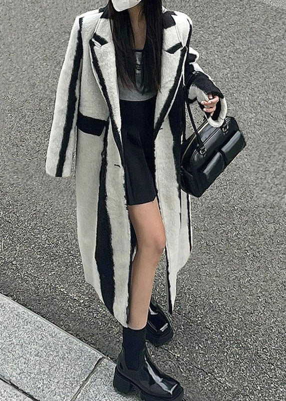 Lune London | Black White Striped Cutout Button Wool Maxi Coats Winter