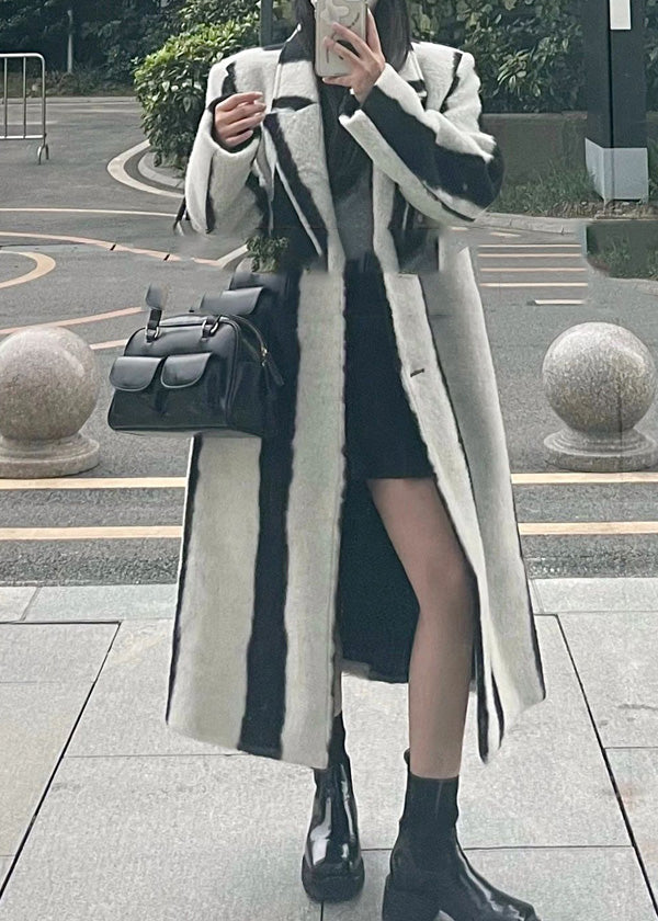 Lune London | Black White Striped Cutout Button Wool Maxi Coats Winter