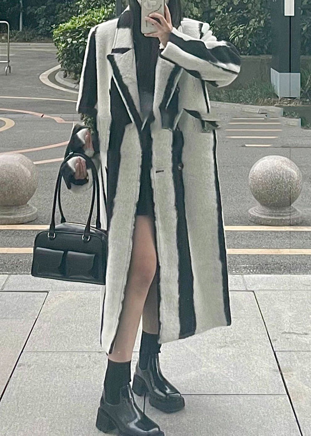 Lune London | Black White Striped Cutout Button Wool Maxi Coats Winter