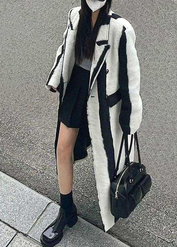 Lune London | Black White Striped Cutout Button Wool Maxi Coats Winter