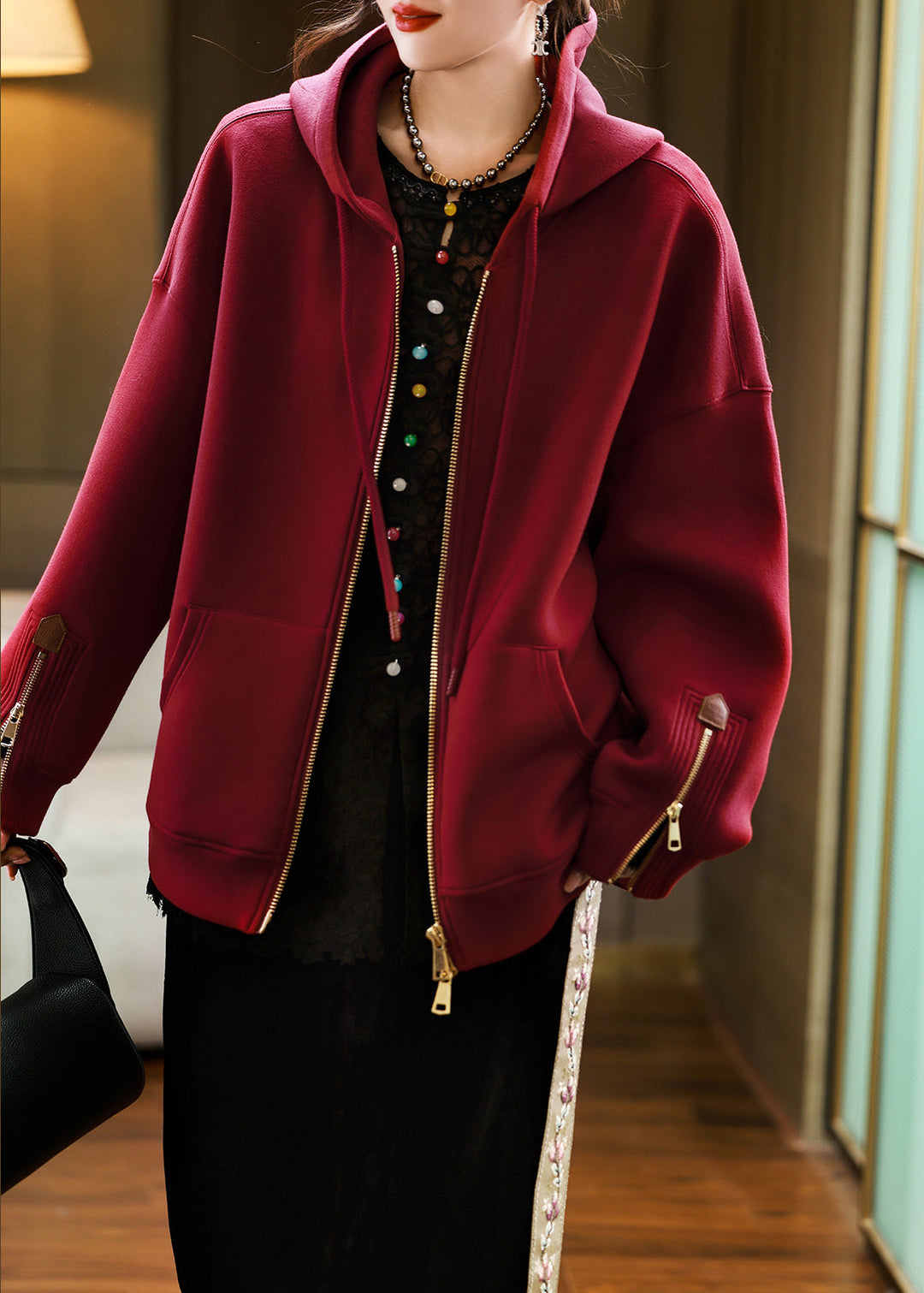 Lune London | Red cotton hooded coats with zipper and pockets
