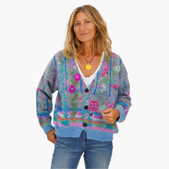 Lune London | Boho style knit jacket with floral accents - Comfortable and trendy cardigan for leisure and everyday use