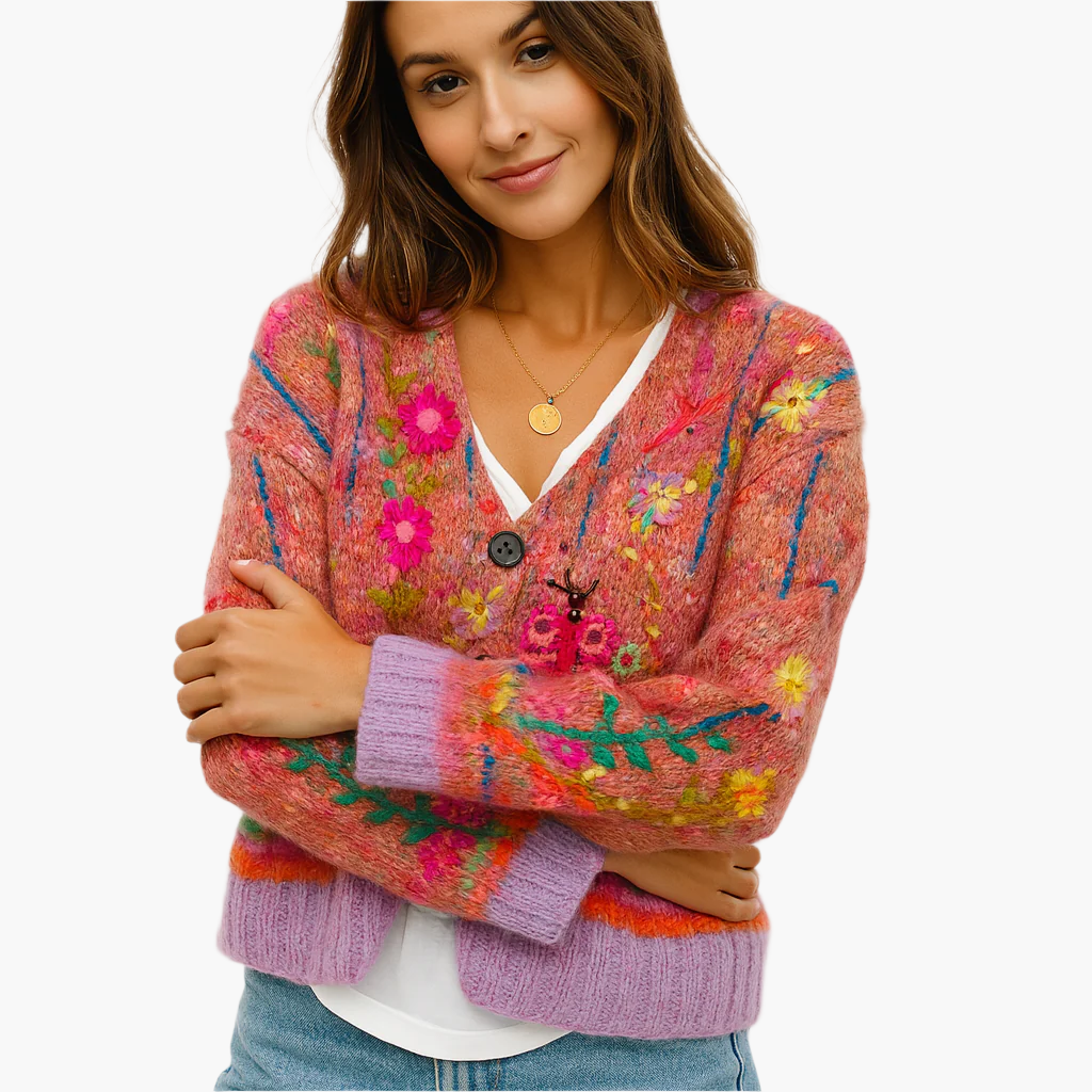 Lune London | Boho style knit jacket with floral accents - Comfortable and trendy cardigan for leisure and everyday use