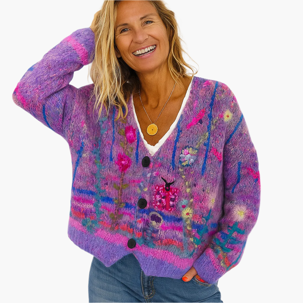 Lune London | Boho style knit jacket with floral accents - Comfortable and trendy cardigan for leisure and everyday use