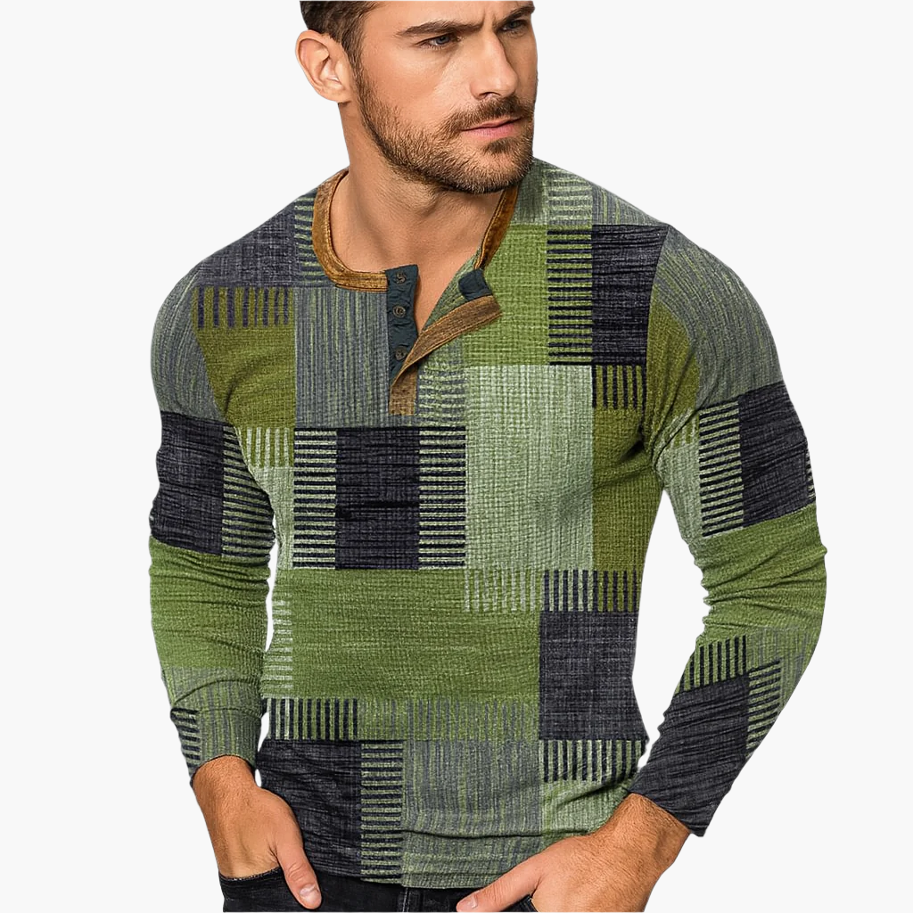 Lune London | Patchwork knit sweater - Modern Henley style for autumn and winter