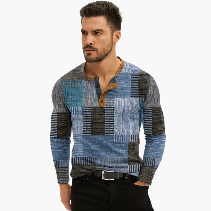 Lune London | Patchwork knit sweater - Modern Henley style for autumn and winter