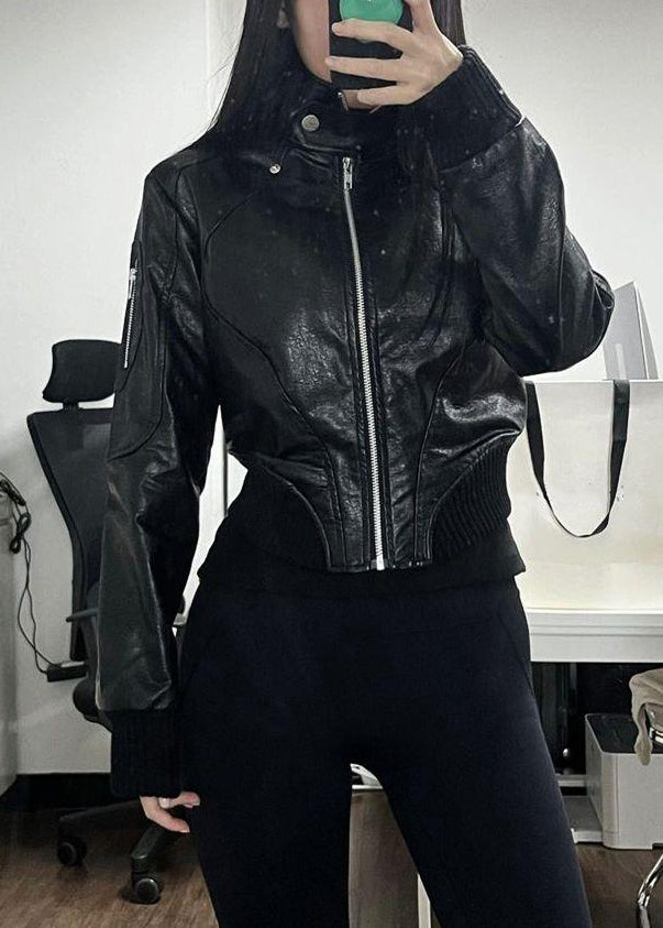 Lune London | Black patchwork synthetic leather coats with zipper